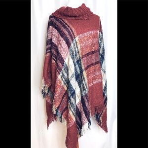 By Design Plaid Boucle fringed turtleneck ponch